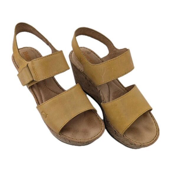 Born Yellow Leather Platform Mae Strappy Sandals Cork Wedge Heel Women's sz 6M - Picture 2 of 12